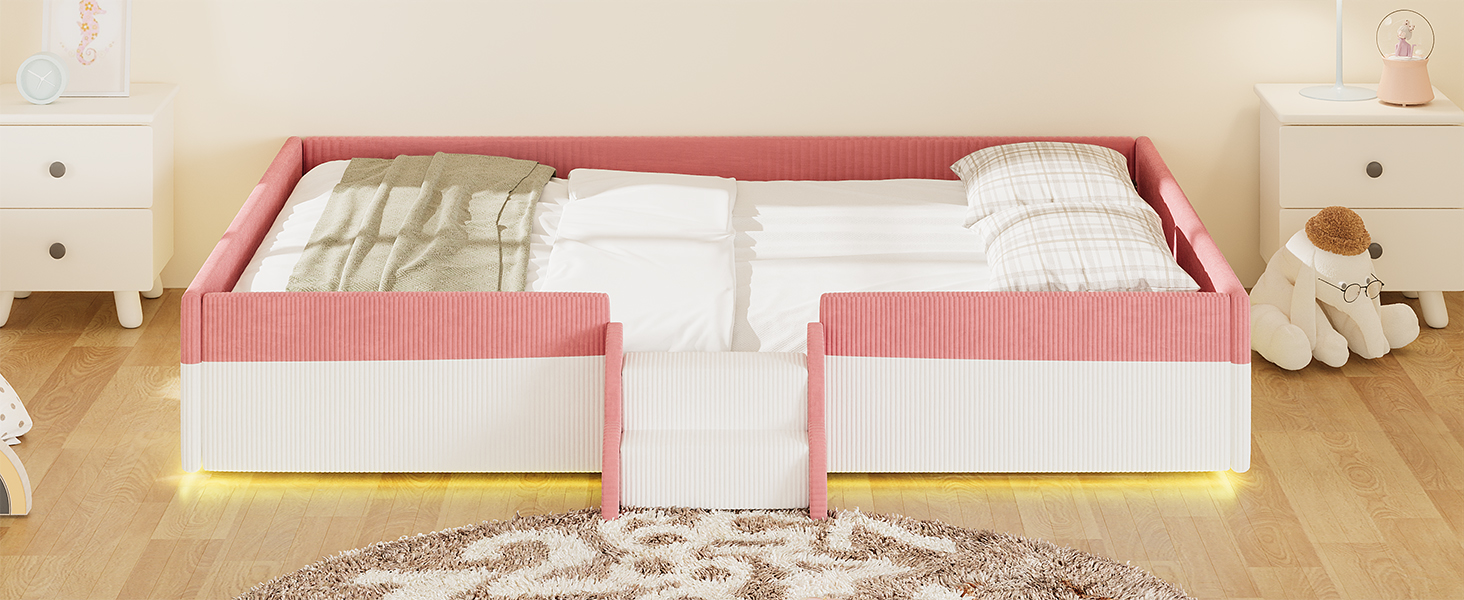 Queen Size Upholstered Floor Bed with Fence, 2-Tier Steps and Smart LED Lights