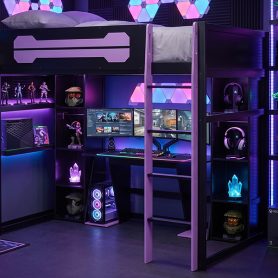 Full-Size Wooden Gaming Loft Bed with Desk and Storage, RGB LED Light, USB Charging Station