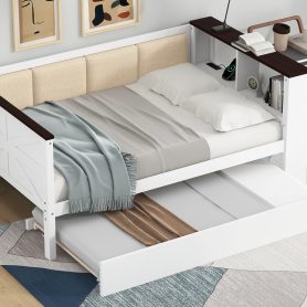 Full Size Wood Daybed with Storage Shelves, Upholstered Backrest, USB and Trundle