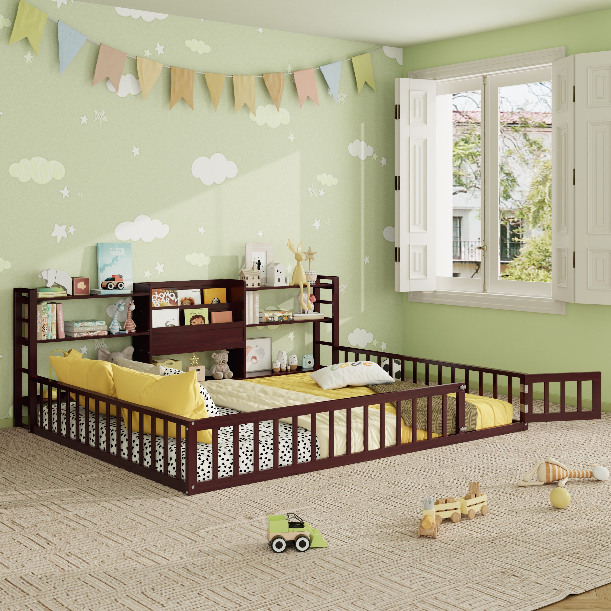 Queen Size Floor Fence Bed Frame with Bookcase and 3-Tier Storage Shelves