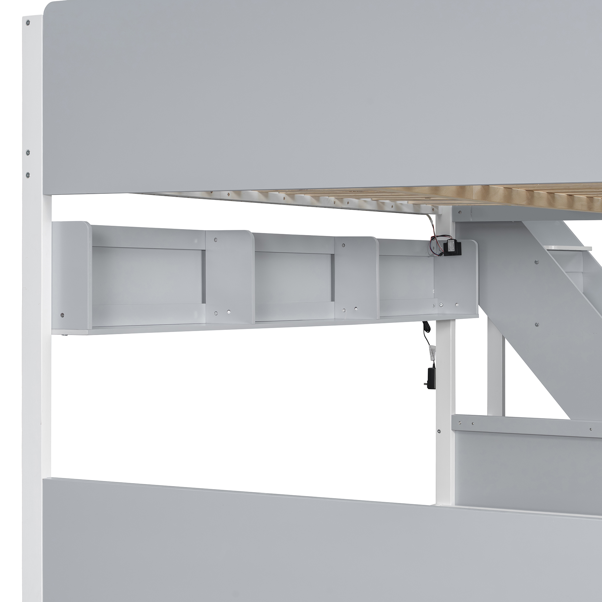 Full XL over Queen Bunk Bed with Striped-Design Staircase and Side Shelves