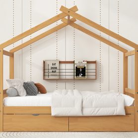 Full Size House Platform Bed with Two Drawers, Headboard and Footboard