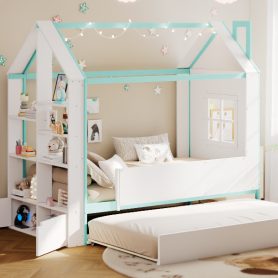 Twin Size House Bed Frame with Pull-Out Trundle, Tail End Storage Shelves and Cool White LED Lights