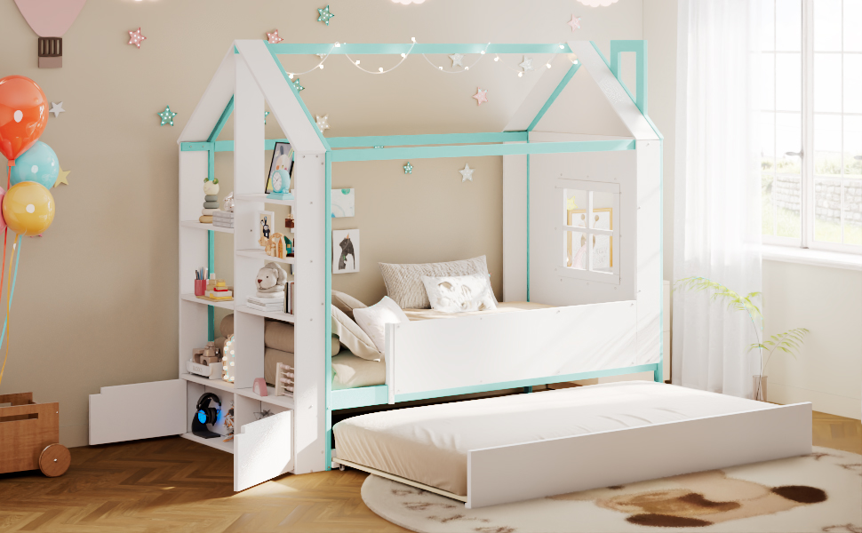Twin Size House Bed Frame with Pull-Out Trundle, Tail End Storage Shelves and Cool White LED Lights