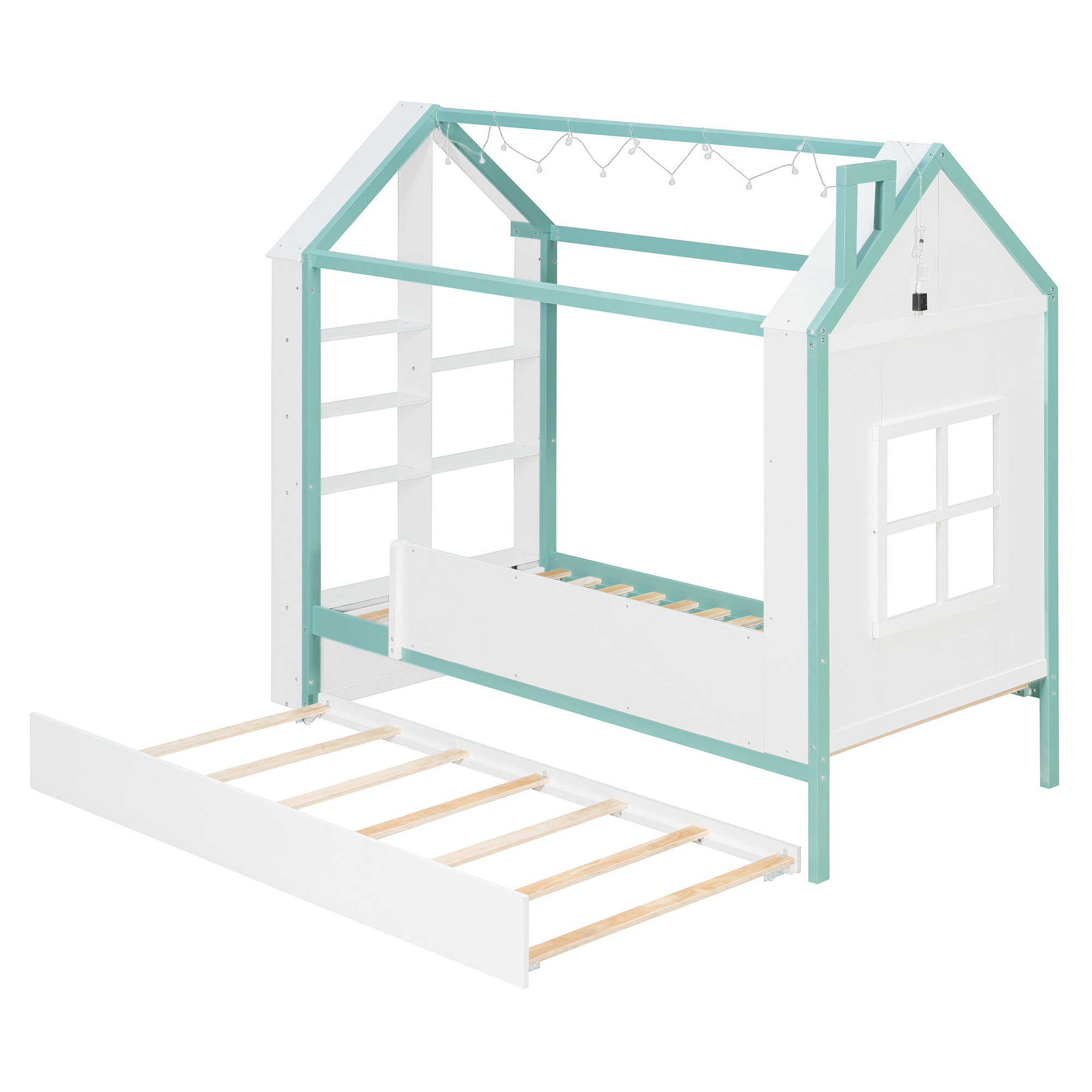 Twin Size House Bed Frame with Pull-Out Trundle, Tail End Storage Shelves and Cool White LED Lights