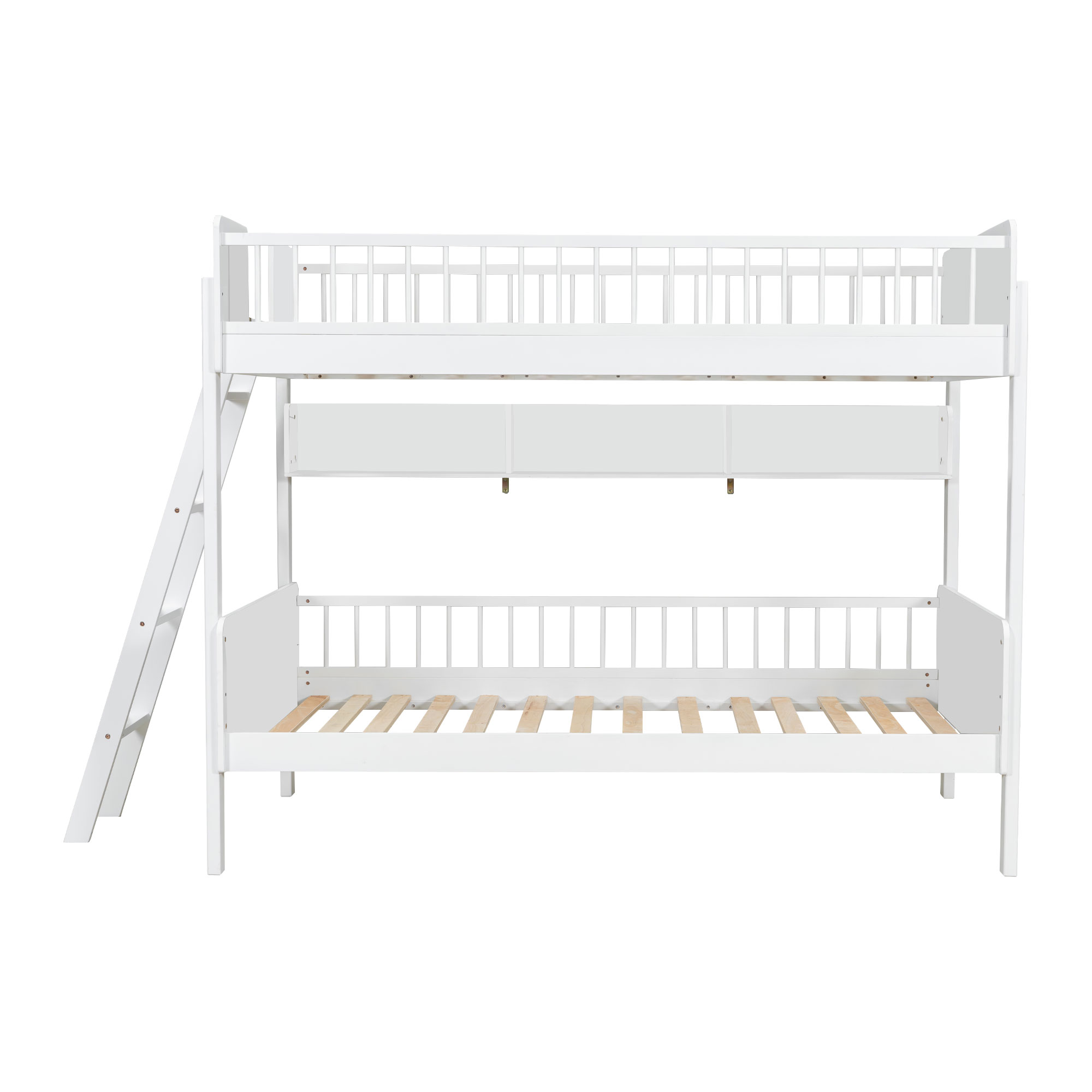 Twin Size Wooden Bunk Bed with 3 Storage Shelves, Ladder can be Changed Left or Right