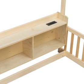 Twin House Floor Bed with Storage Shelves, Built-in LED Lights & Charging Station