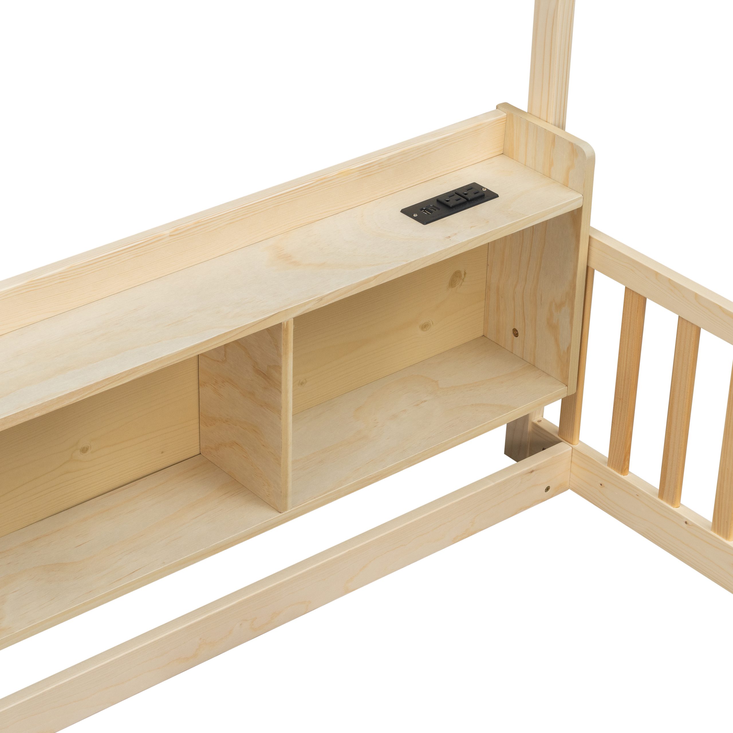 Twin House Floor Bed with Storage Shelves, Built-in LED Lights & Charging Station
