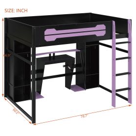 Full-Size Wooden Gaming Loft Bed with Desk and Storage, RGB LED Light, USB Charging Station
