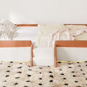 Full Size Upholstered Floor Bed with Fence, 2-Tier Steps and Smart LED Lights