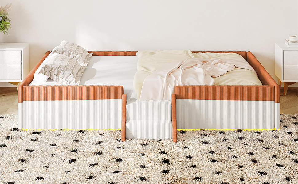Full Size Upholstered Floor Bed with Fence, 2-Tier Steps and Smart LED Lights