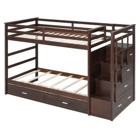 Twin Over Twin Bunk Bed with 2 Drawers and Staircase