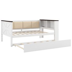 Full Size Wood Daybed with Storage Shelves, Upholstered Backrest, USB and Trundle