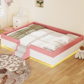 Queen Size Upholstered Floor Bed with Fence, 2-Tier Steps and Smart LED Lights