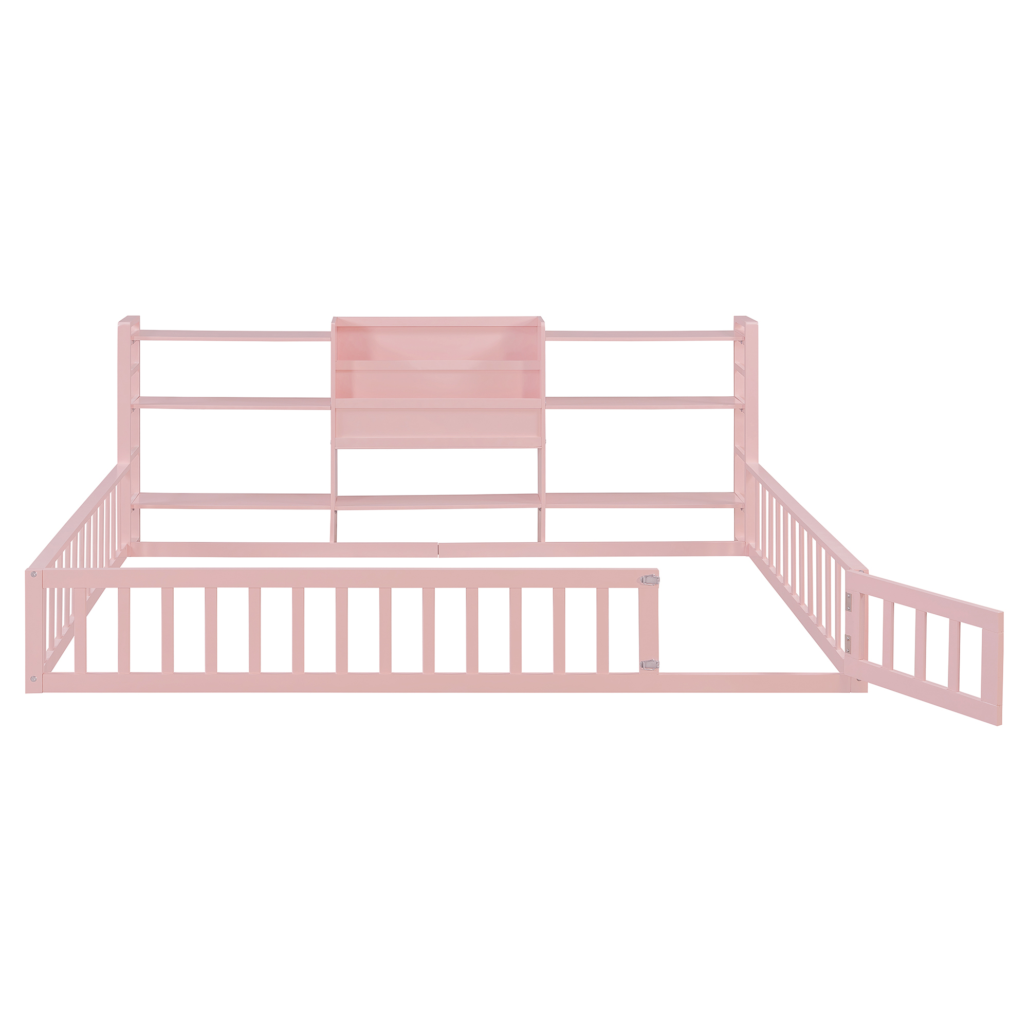 Full Size Floor Fence Bed Frame with Bookcase and 3-Tier Storage Shelves
