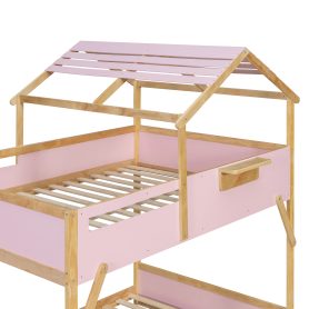 Full over Full House Bunk Bed with Stairs and 3-Color LED Lights