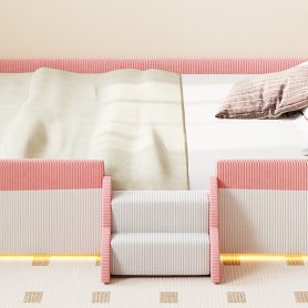 King Size Upholstered Floor Bed with Fence, 2-Tier Steps and Smart LED Lights