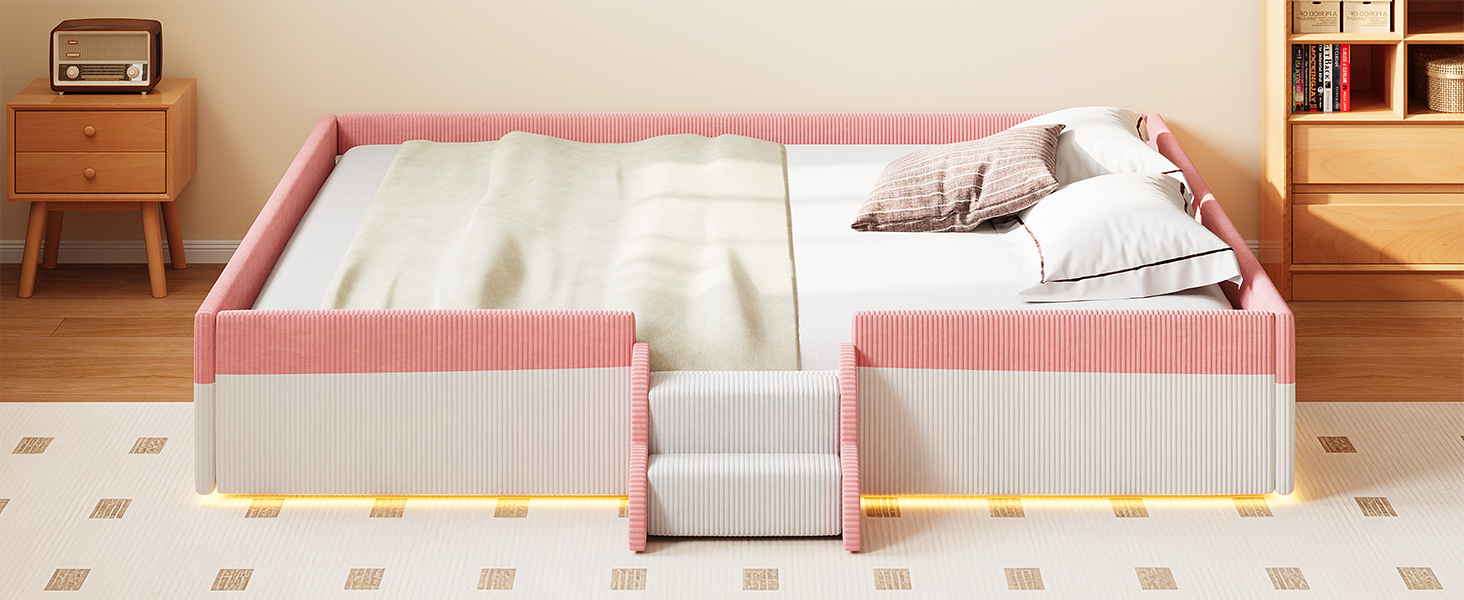 King Size Upholstered Floor Bed with Fence, 2-Tier Steps and Smart LED Lights