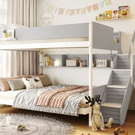 Twin over Full Bunk Bed with Striped-Design Staircase and Side Shelves