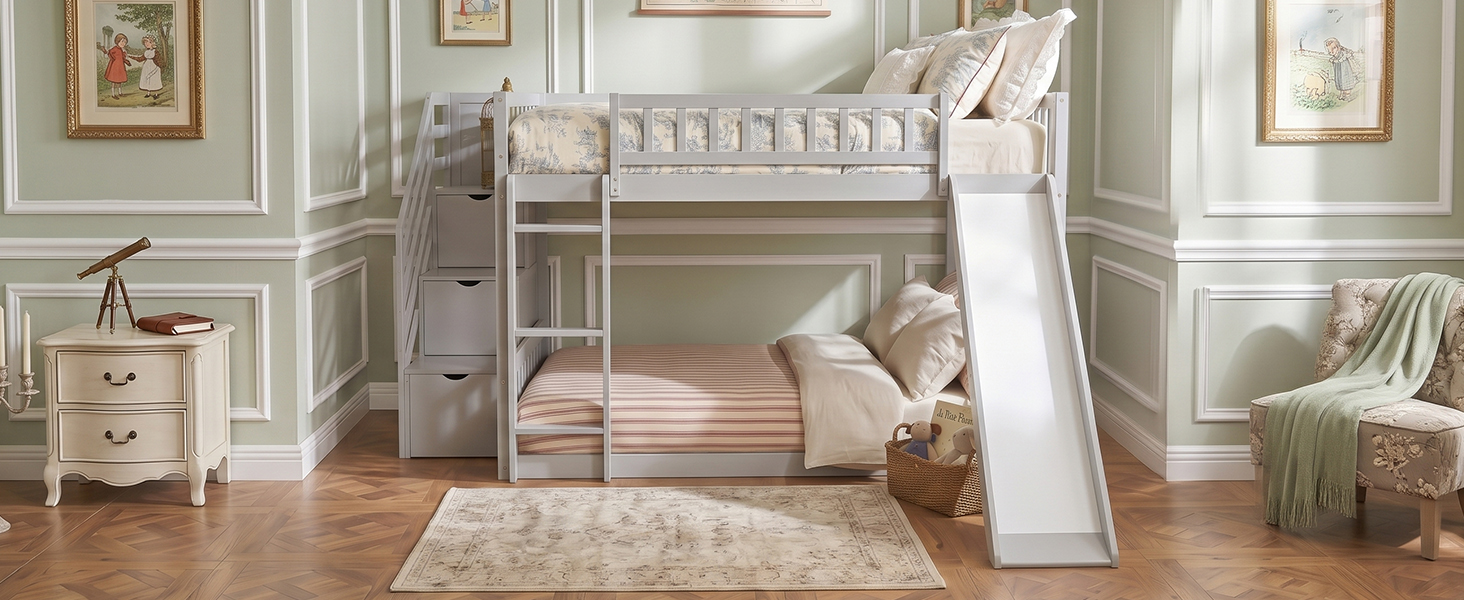 Stairway Full Over Full Bunk Bed With Three Drawers And Slide