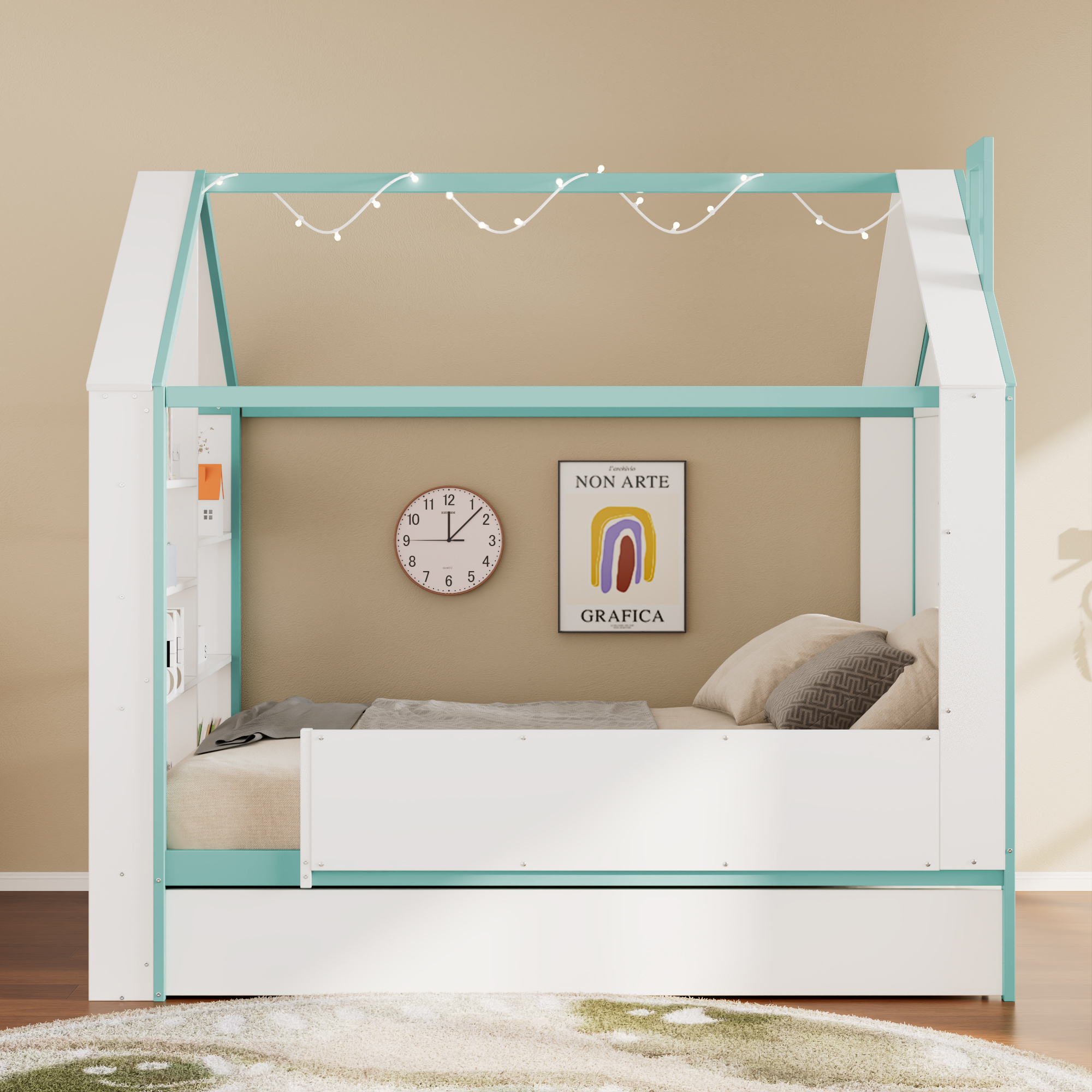 Full Size House Bed Frame with Pull-Out Trundle, Tail End Storage Shelves and Cool White LED Lights