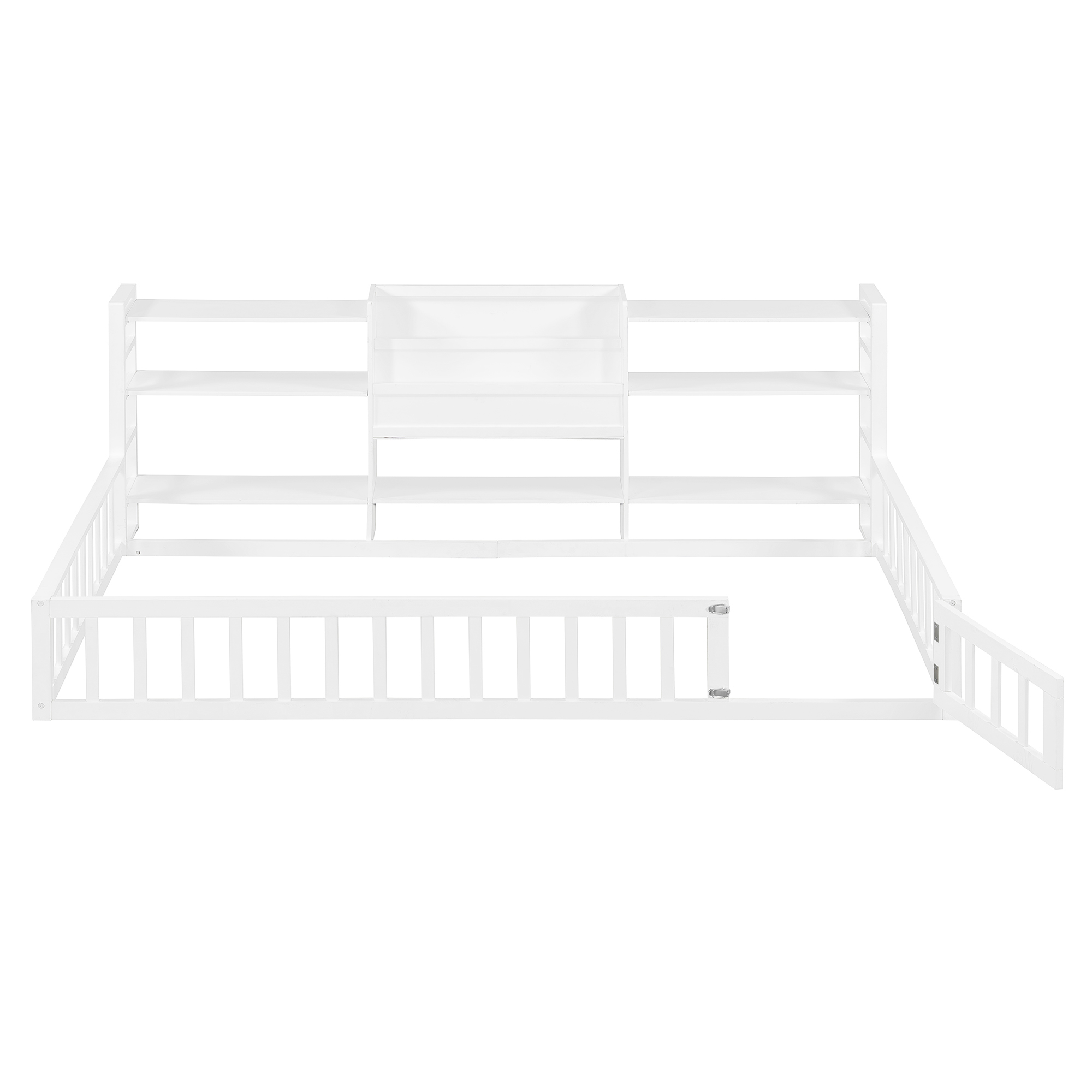 Twin Size Floor Fence Bed Frame with Bookcase and 3-Tier Storage Shelves