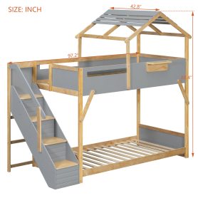 Twin over Twin House Bunk Bed with Stairs and 3-Color LED Lights