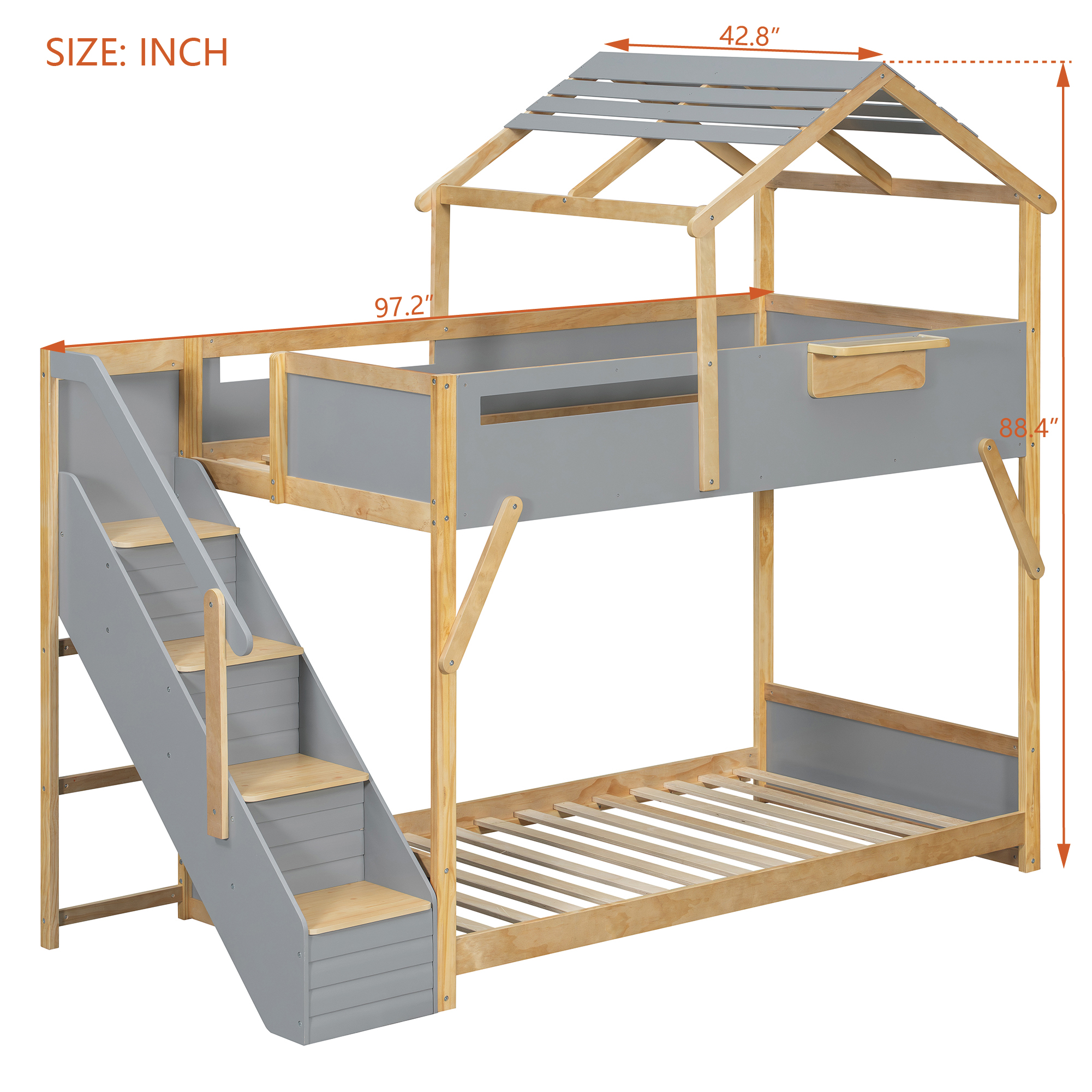 Twin over Twin House Bunk Bed with Stairs and 3-Color LED Lights