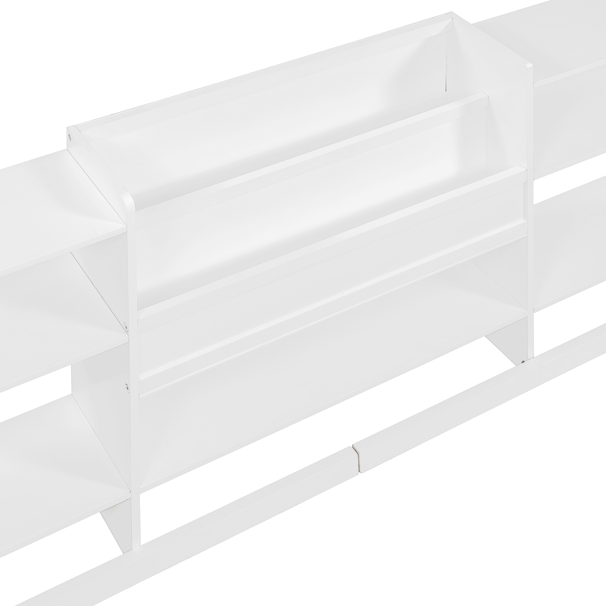 Queen Size Floor Fence Bed Frame with Bookcase and 3-Tier Storage Shelves