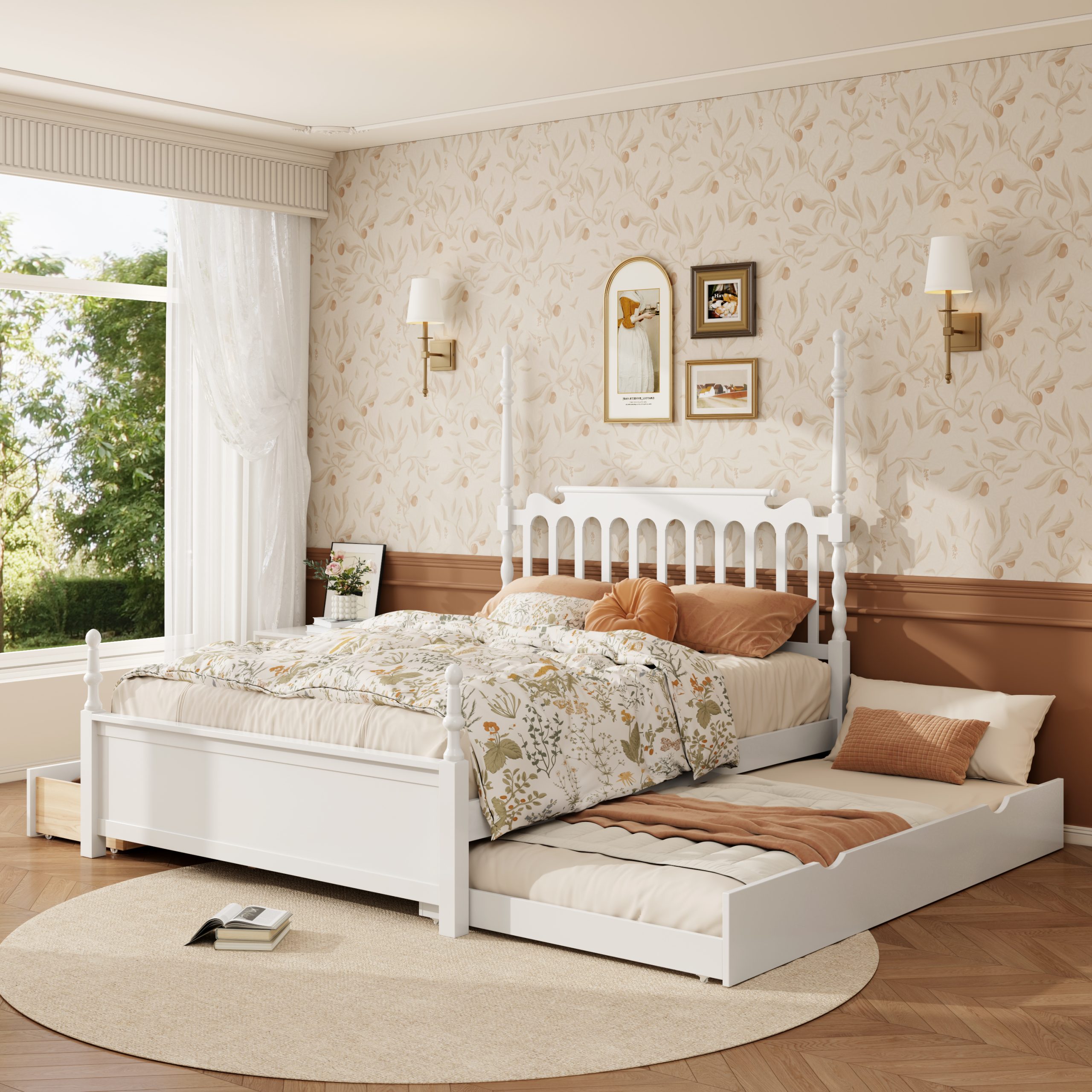 Queen Size Platform Bed Frame with Twin XL Trundle and 2 Storage Drawers