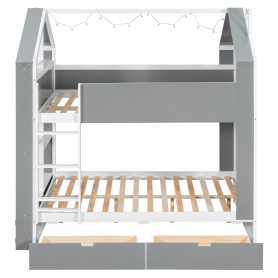Full Size Bunk Bed with Storage Drawers, Shelves and Light Strip