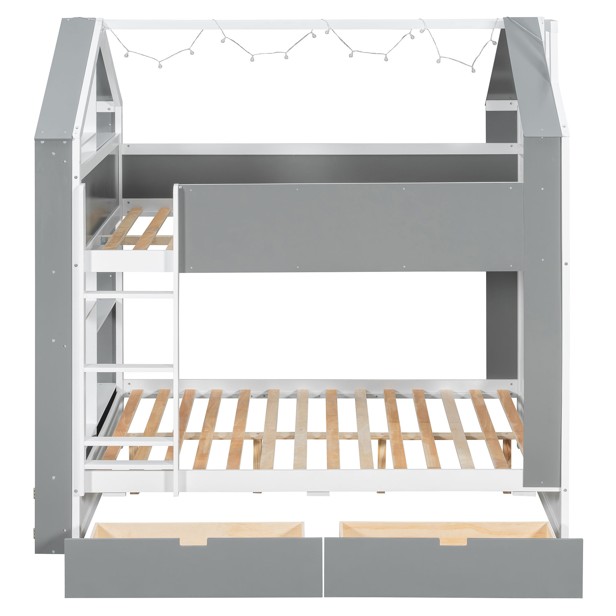 Full Size Bunk Bed with Storage Drawers, Shelves and Light Strip