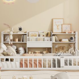 Twin Size Floor Fence Bed Frame with Bookcase and 3-Tier Storage Shelves