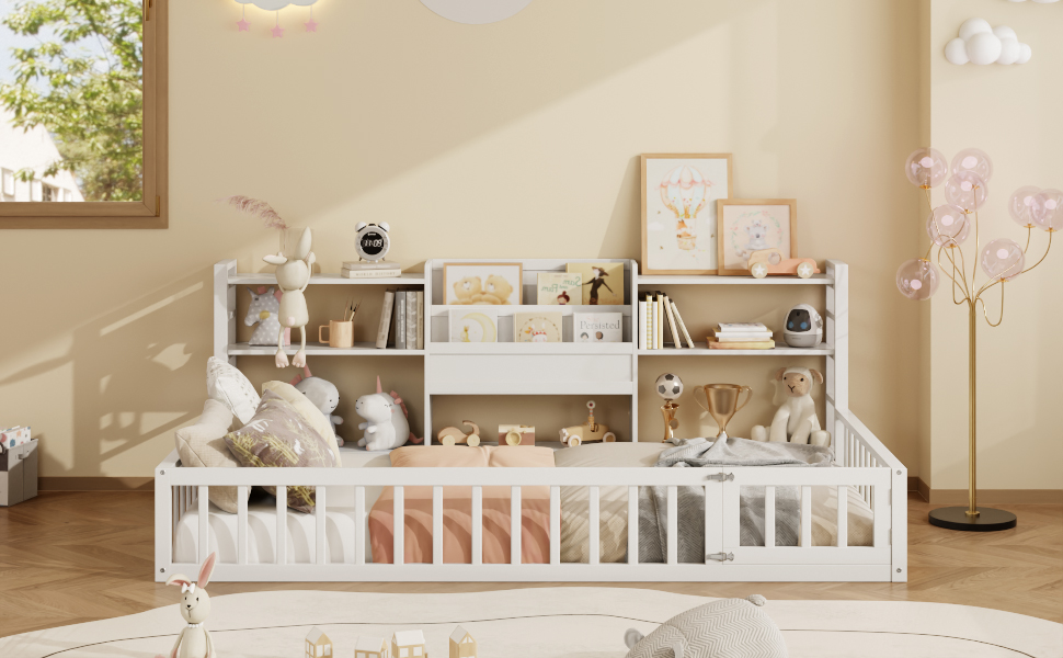 Twin Size Floor Fence Bed Frame with Bookcase and 3-Tier Storage Shelves