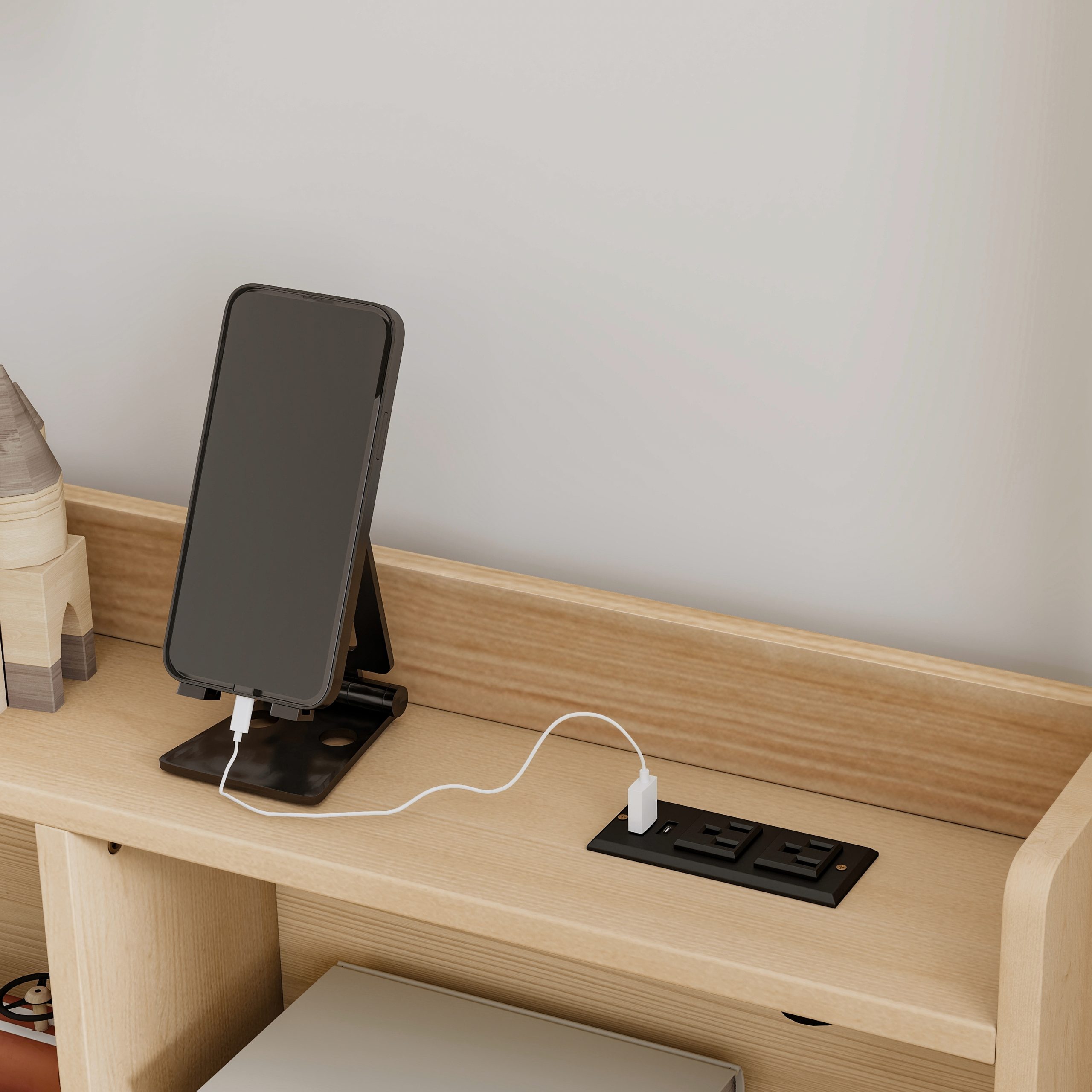 Twin House Floor Bed with Storage Shelves, Built-in LED Lights & Charging Station