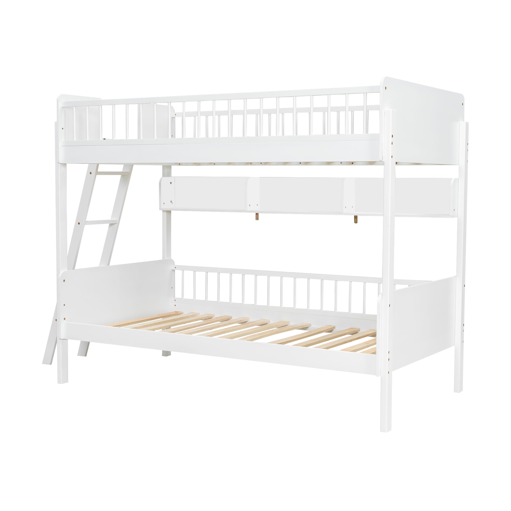 Twin Size Wooden Bunk Bed with 3 Storage Shelves, Ladder can be Changed Left or Right