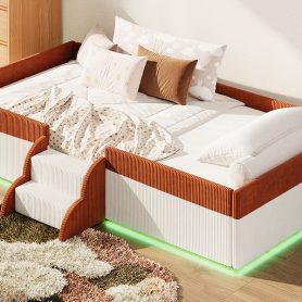 Twin Size Upholstered Floor Bed with Fence, 2-Tier Steps and Smart LED Lights