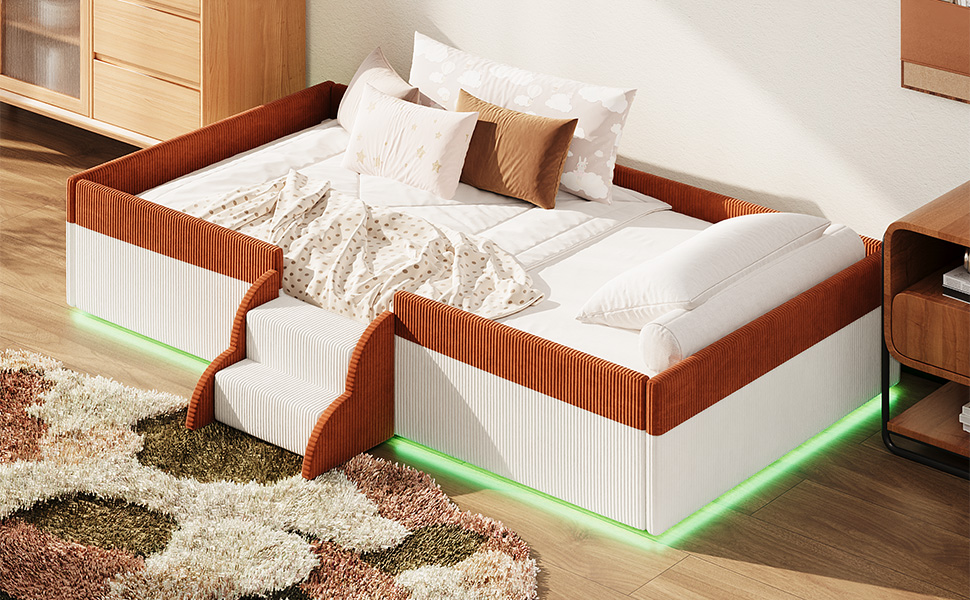 Twin Size Upholstered Floor Bed with Fence, 2-Tier Steps and Smart LED Lights