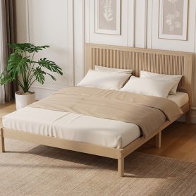 Queen Size Solid Rubber Wood Bed with Wave-Styled Headboard