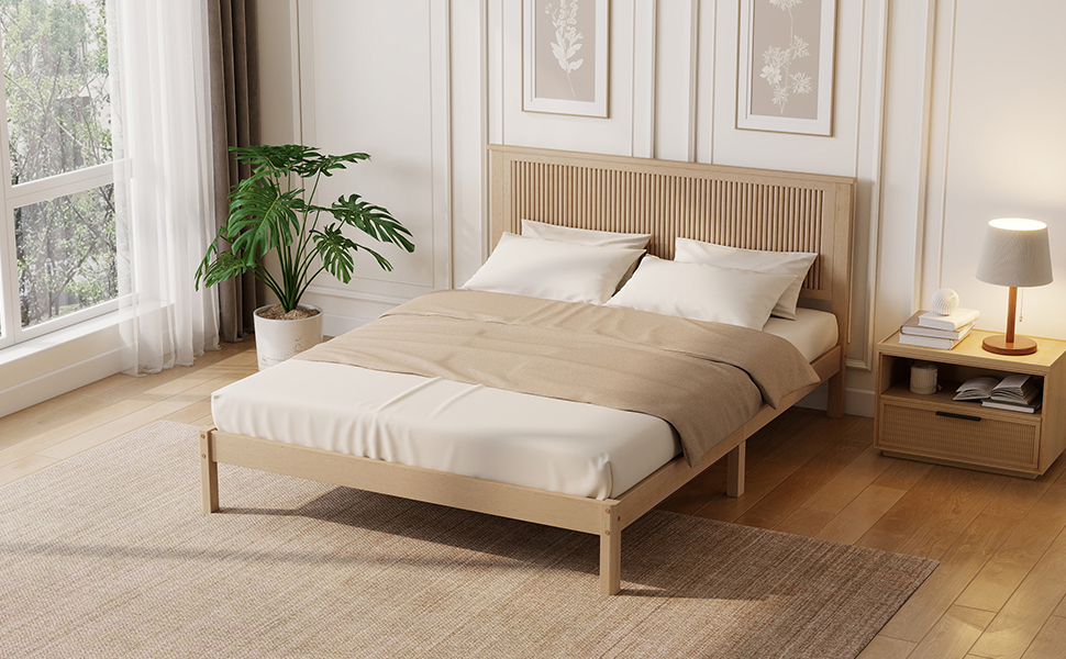 Queen Size Solid Rubber Wood Bed with Wave-Styled Headboard