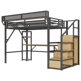 Metal Loft Bed with Stairs, Wardrobe, Charging Station, and LED Lighting