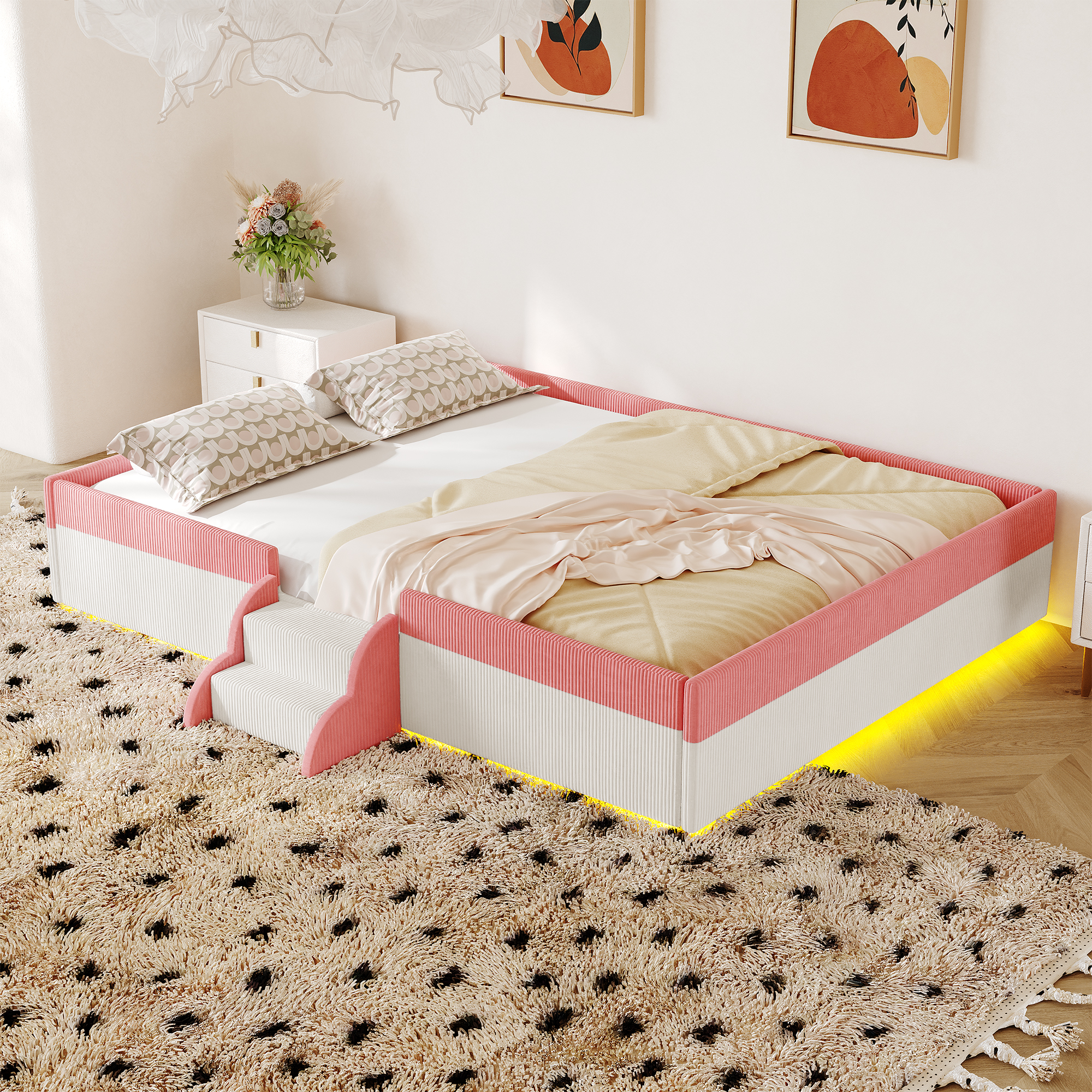 Full Size Upholstered Floor Bed with Fence, 2-Tier Steps and Smart LED Lights