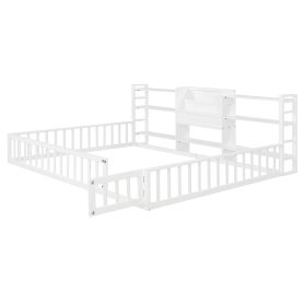 Queen Size Floor Fence Bed Frame with Bookcase and 3-Tier Storage Shelves