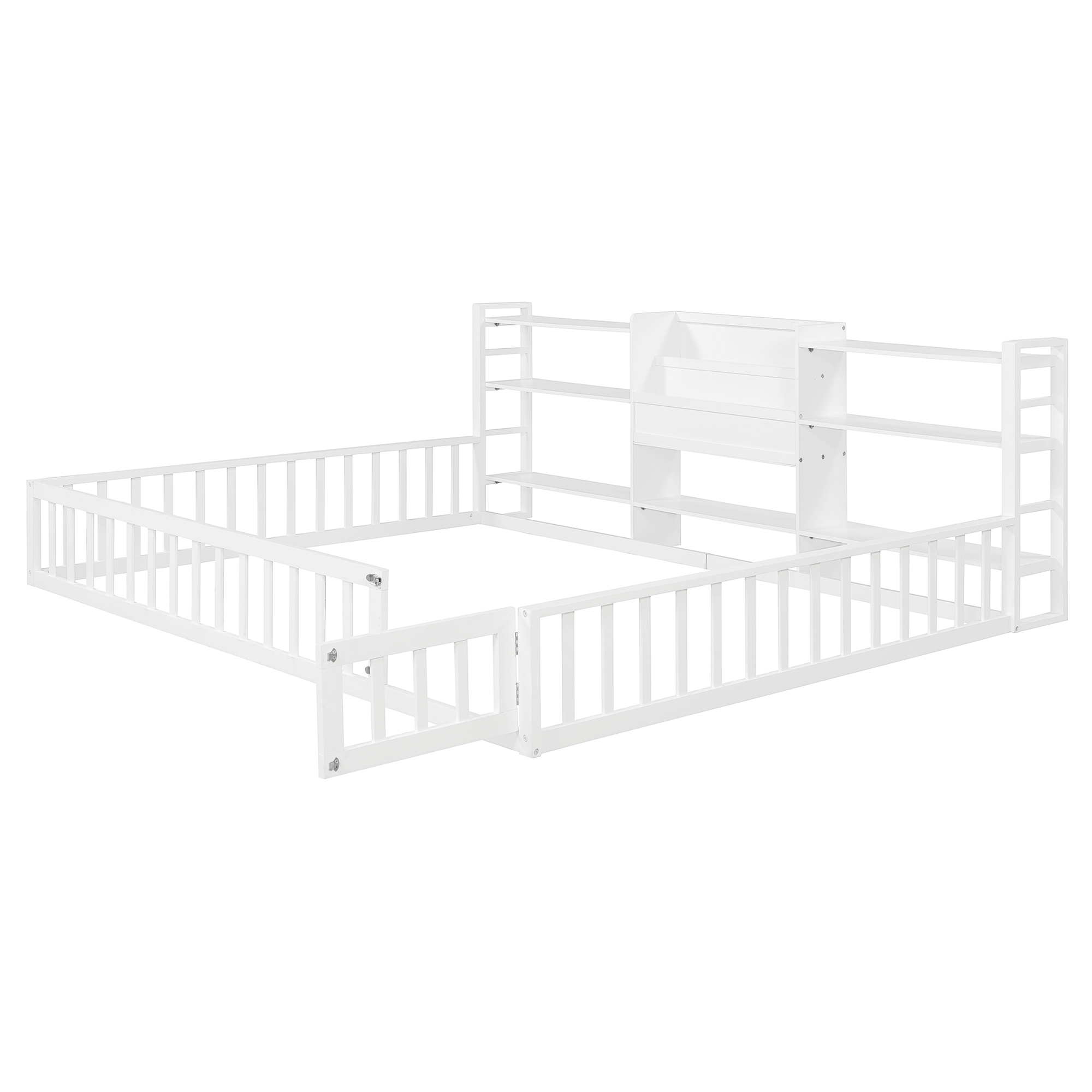 Queen Size Floor Fence Bed Frame with Bookcase and 3-Tier Storage Shelves