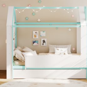 Twin Size House Bed Frame with Pull-Out Trundle, Tail End Storage Shelves and Cool White LED Lights