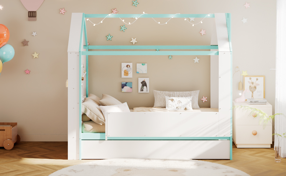 Twin Size House Bed Frame with Pull-Out Trundle, Tail End Storage Shelves and Cool White LED Lights