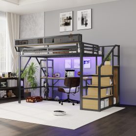 Metal Loft Bed with Stairs, Wardrobe, Charging Station, and LED Lighting