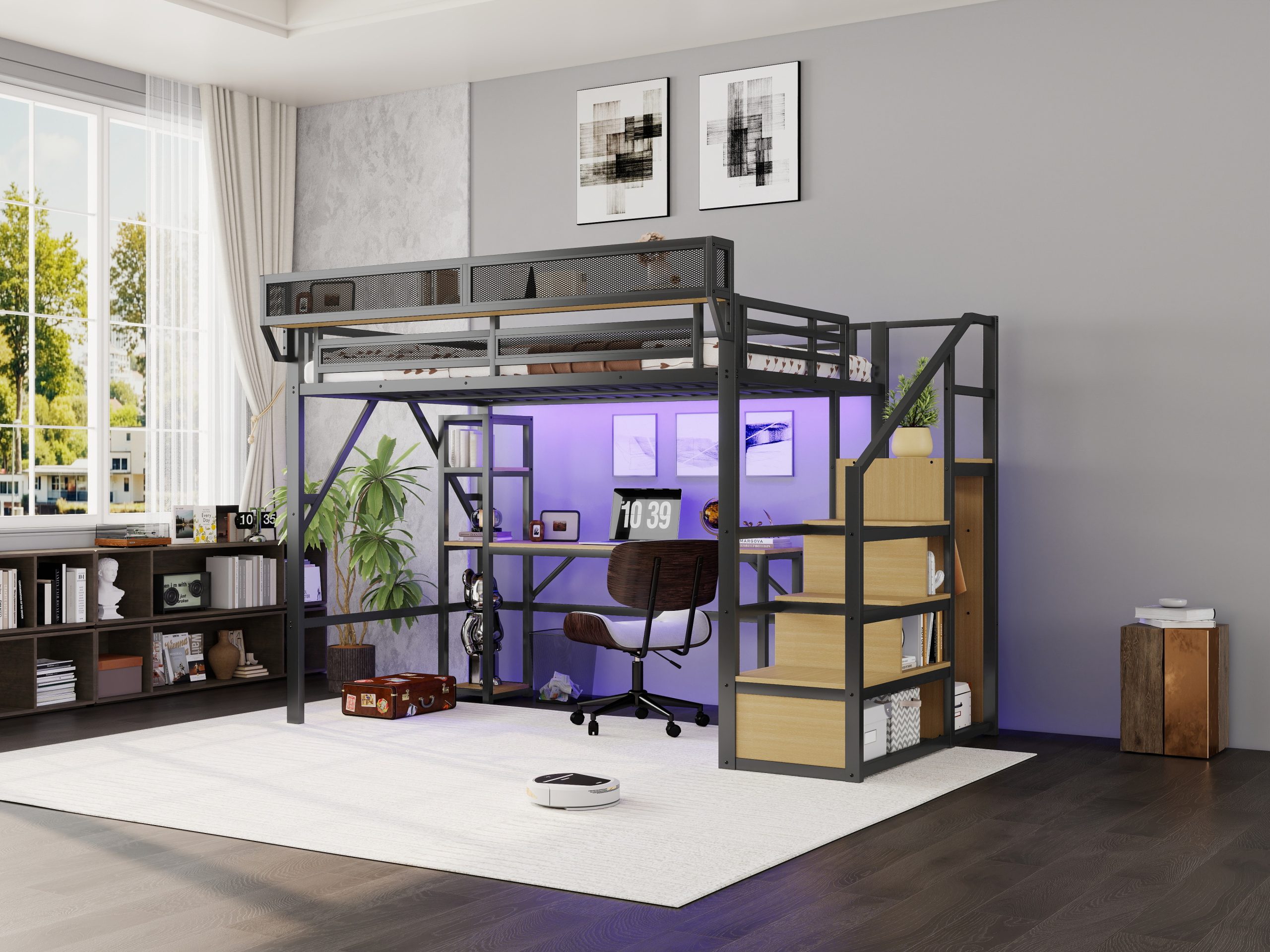 Metal Loft Bed with Stairs, Wardrobe, Charging Station, and LED Lighting