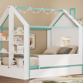 Full Size House Bed Frame with Pull-Out Trundle, Tail End Storage Shelves and Cool White LED Lights