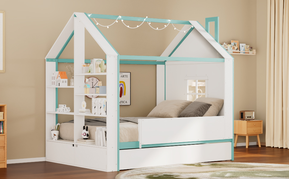 Full Size House Bed Frame with Pull-Out Trundle, Tail End Storage Shelves and Cool White LED Lights
